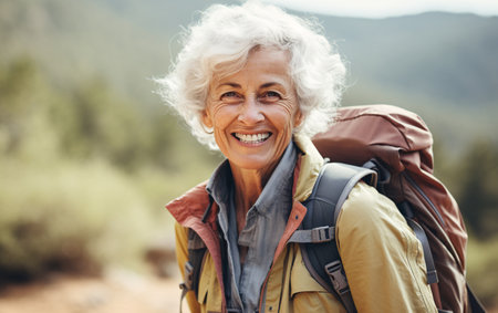 Elderly smiling senior woman with a backpack on a hiking trip in the mountains, strong woman concept, activity in retirement.の素材