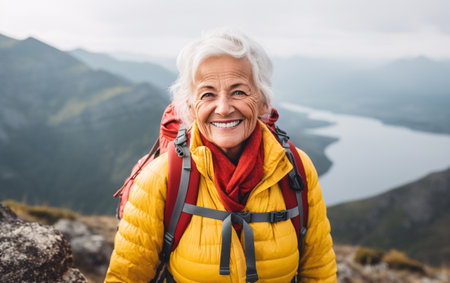 Elderly smiling senior woman with a backpack on a hiking trip in the mountains, strong woman concept, activity in retirement.の素材