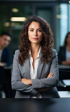 Portrait of a young businesswoman at a table in the office, strong women concept.の素材