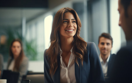 Young smiling businesswoman at a business meeting, strong women concept.の素材