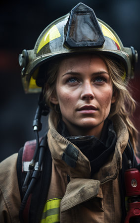 Portrait of a strong women firefighter in a helmet close up, strong women concept, unusual profession.の素材