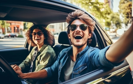 A young guy takes a selfie while traveling with friends by car.の素材