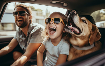 Father and daughter with pet dog driving together and having fun on vacation.の素材