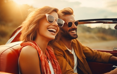 Young couple traveling in a cabriolet and having fun along the road on a sunny day.の素材