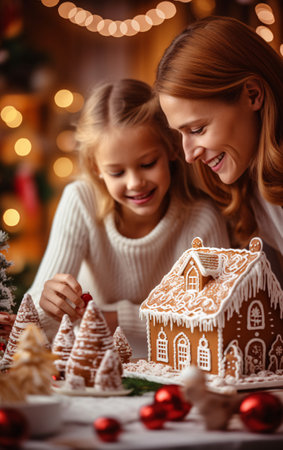 Happy family, mother and daughter decorating Christmas gingerbread house together, Christmas and New Year traditions in family.の素材