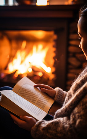Woman reading a book by the fireplace in a cozy warm home close up, autumn vibe concept.の素材