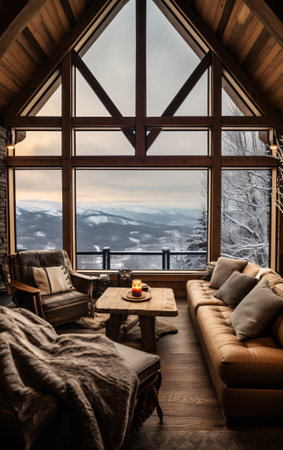 Cozy living room with sofa and panoramic window overlooking the winter mountains and forest.の素材