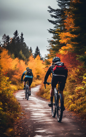 Two cyclists riding along an autumn forest road, back view, wellness and sport activity in autumn.の素材