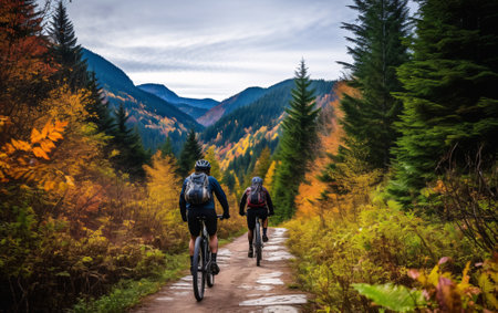 Wellness and sport activity in autumn, Two cyclists riding along an autumn forest road, back view.の素材
