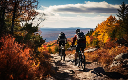 Wellness and sport activity in autumn, Two cyclists riding along an autumn forest road, back view.の素材
