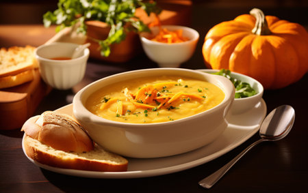 Pumpkin cream soup on the table with pumpkins and crusty bread.の素材