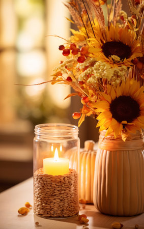 Autumn still life, Candle, autumn flowers sunflowers in a vase on the table.の素材