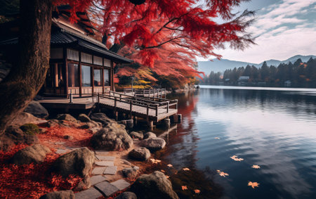 Wooden large house near the lake with a pier, autumn landscapes red leaves on the tree, autumn vibe concept.の素材