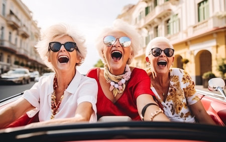 Company of three elderly girlfriends of pensioners ride a cabrio car together and have fun.の素材