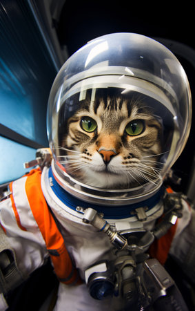 Cat astronaut in a spacesuit in a spaceship plows the expansions of the universe.の素材