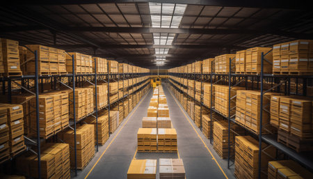 Modern warehouse with racks, boxes and containers, AI generated.の素材