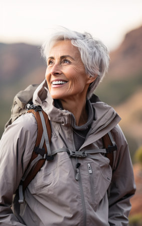 Elderly senior woman with backpack hiking in the mountains, strong woman concept.の素材