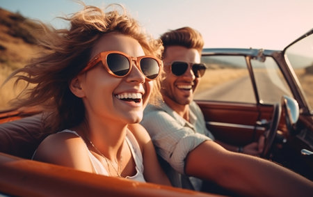 Young couple driving a cabriolet car together on a romantic trip and laughing.の素材