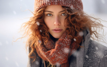 Winter Portrait of a beautiful young woman with flying hair and falling snowflakes.の素材