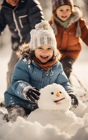 Happy child making snowman with family, having fun and laughing, winter activity.の素材