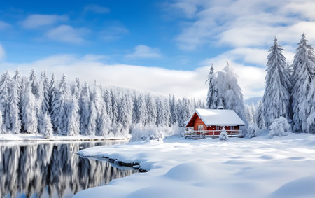 Snowy path to a rustic house in a winter forest, privacy and country vacation concept.の素材