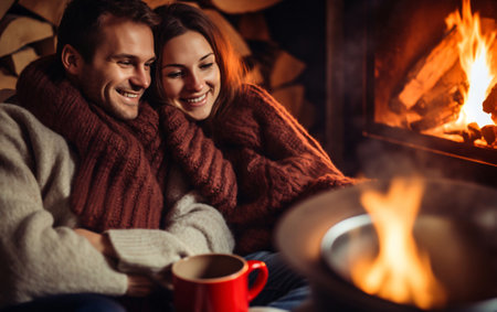 Young happy couple hugging by the fireplace during the cold season in winter in a cozy home huddled close to each other.の素材