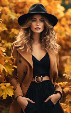 Autumn Portrait of a young beautiful strong woman in a suit and hat against the background of autumn trees and yellowed leaves.の素材