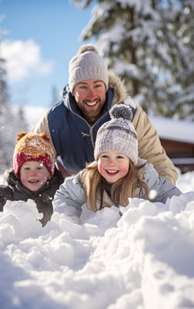 Winter wellness and activity, Happy family father and daughters made a snowman.の素材