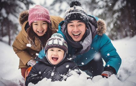 Happy family father and daughters made a snowman, winter wellness and activity.の素材