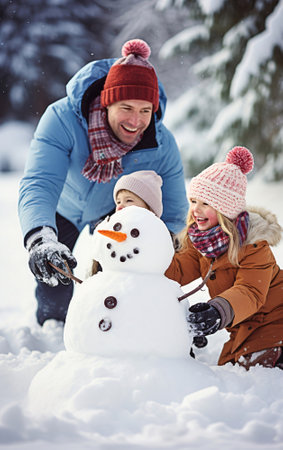 Happy family father and daughters made a snowman, winter wellness and activity.の素材
