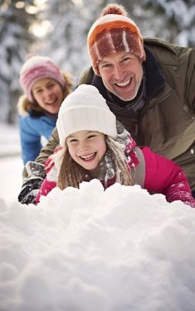 Winter wellness and activity, Happy family father and daughters made a snowman.の素材