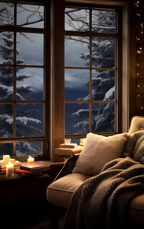 Cozy living room with sofa and panoramic window overlooking the winter mountains and forest.の素材