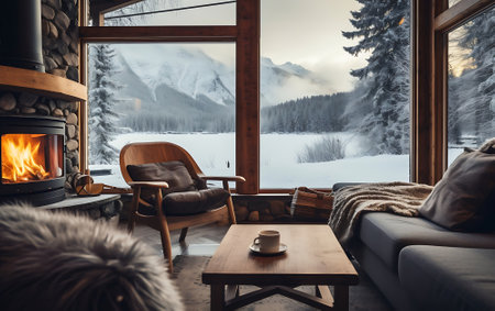 Cozy home with sofa and fireplace, panoramic windows and coffee, winter vibe concept.の素材