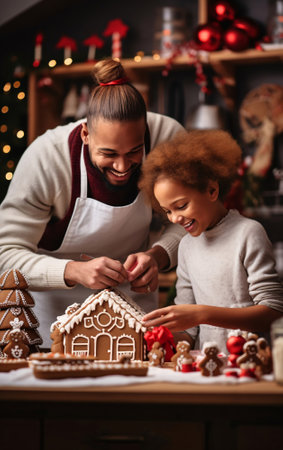 Happy family, father and daughter decorate Christmas gingerbread house together, Christmas and New Year traditions in family.の素材
