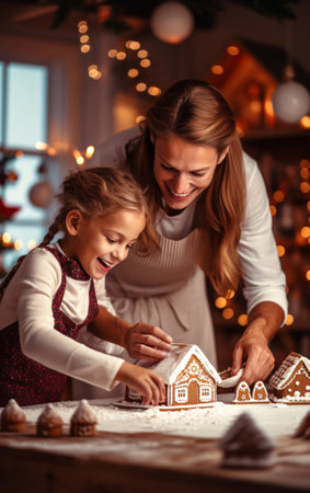 Happy family, father and daughter decorate Christmas gingerbread house together, Christmas and New Year traditions in family.の素材