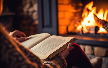 Woman reading a book by the fireplace in a cozy warm home close up, autumn vibe concept.の素材