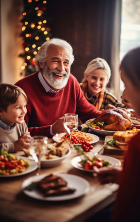 Happy big family celebrating christmas together having a joint christmas dinner, merry christmas.の素材