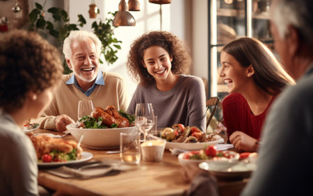 Family Christmas dinner, large family of different generations together at the table having dinner and having fun, Merry Christmas concept.の素材