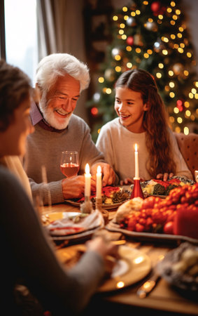 Family Christmas dinner, large family of different generations together at the table having dinner and having fun, Merry Christmas concept.の素材