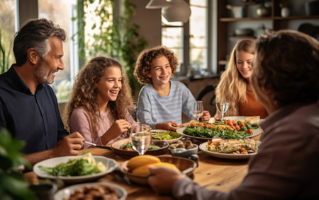 Family Christmas dinner, large family of different generations together at the table having dinner and having fun, Merry Christmas concept.の素材