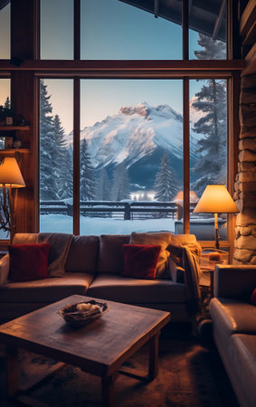 Cozy living room with sofa and panoramic window overlooking the winter mountains and forest.の素材