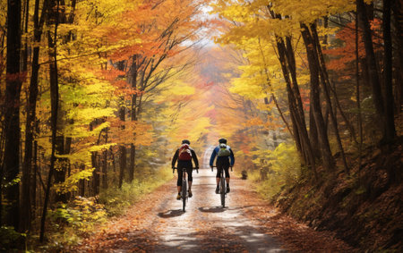Two cyclists riding along an autumn forest road, back view, wellness and sport activity in autumn.の素材