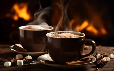 Two cups of hot coffee with cinnamon, against a background of lights, cold season, winter vibe and wellness.の素材