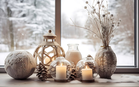 Winter still life, Candles, pine cone and dried flowers in the living room by the window.の素材