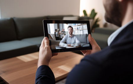 Virtual Meeting Video Conference on tablet screen. Team working by group video call share ideas brainstorming negotiations use video conference, pc screen view multi ethnic young people.の素材