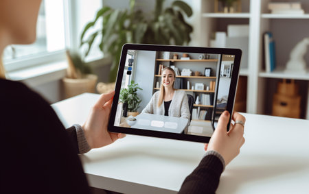 Virtual Meeting Video Conference on tablet screen. Team working by group video call share ideas brainstorming negotiations use video conference, pc screen view multi ethnic young people.の素材