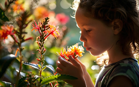 Portrait of a cute little girl sniffing a big colorful blooming flower.の素材