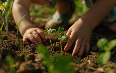 Child gardening, Close up of child hands planting plants in the soil, gardening in the backyard, childhood in the village or on the farm.の素材