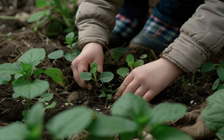 Child gardening, Close up of child hands planting plants in the soil, gardening in the backyard, childhood in the village or on the farm.の素材