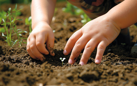 Child gardening, Close up of child hands planting plants in the soil, gardening in the backyard, childhood in the village or on the farm.の素材